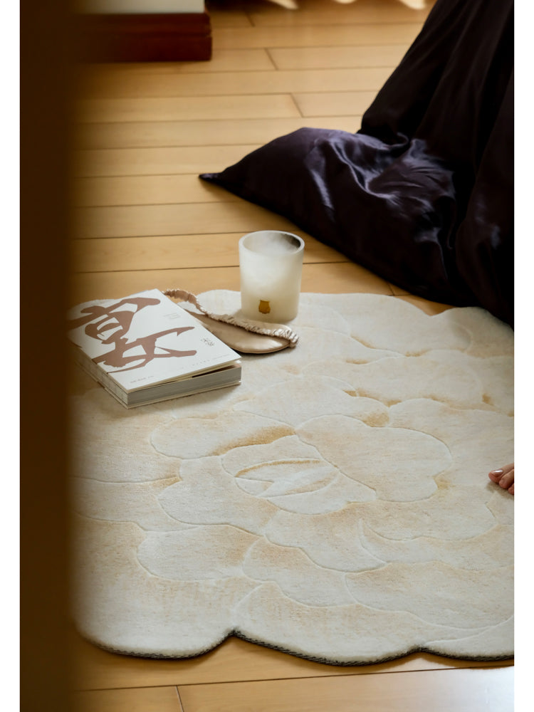 CP073 - V*lentino "Golden White Peony" 3D Hand-carved Bedside Carpet Entrance Mat Mirror Small Carpet