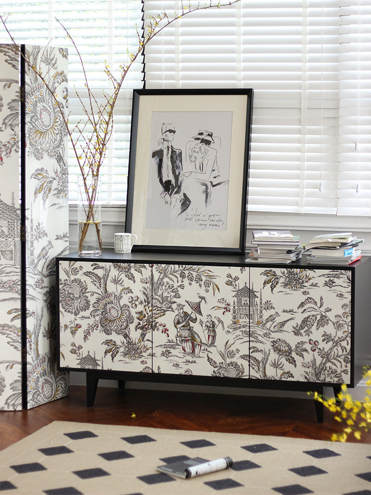GA008 - Collectible Lacquered Hand-painted COCO Lady Vintage French Side Cabinet "Oriental Dream" Cream Black
