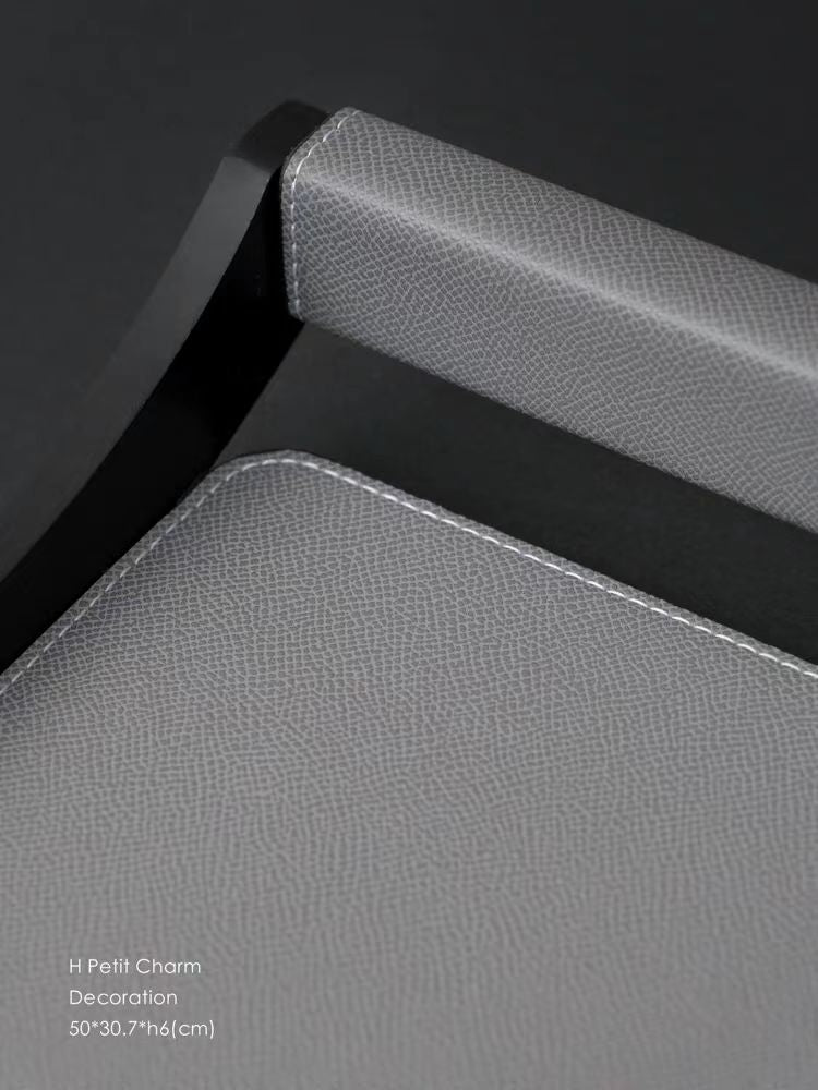 DC052 - Hermès tinware, grey outer stitching, saddle leather, teak scroll armrest tray, desktop storage