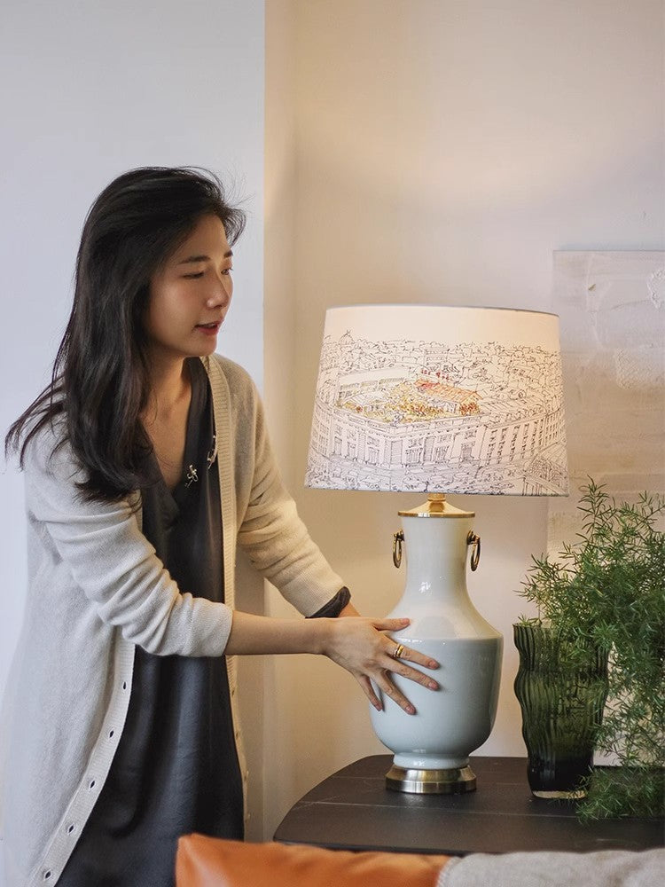 LA010 - Art Table Lamp Moonlight White Porcelain Hand-painted "Roof Garden" Living Room Bedroom Linen Bedside Lamp Entrance Lamp