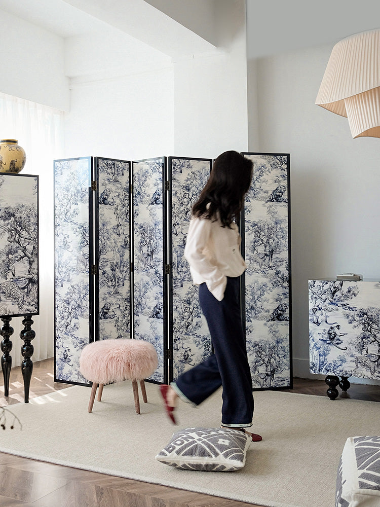 YA015 (4-Folder) - Di@r Maison Series Jungle Art Lacquered Wood French Screen Ink Blue and White New Chinese