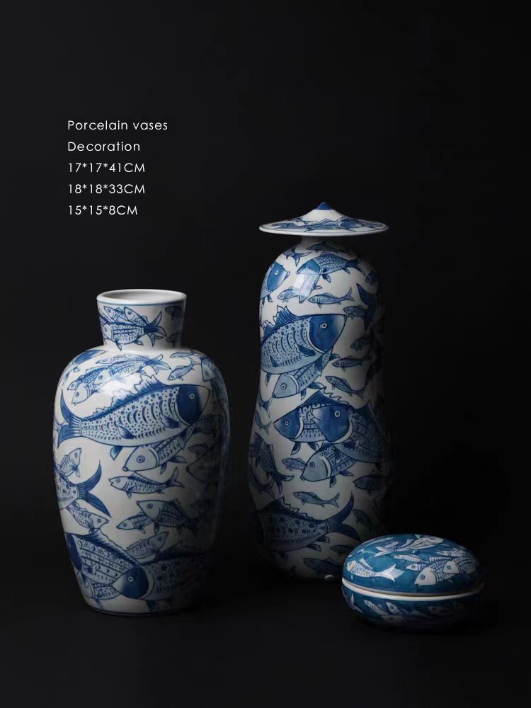 DC093 (Set) - Oriental Paris Grisaille Blue and White Porcelain "Surplus Every Year" New Chinese Style Vase Set Entrance Decoration