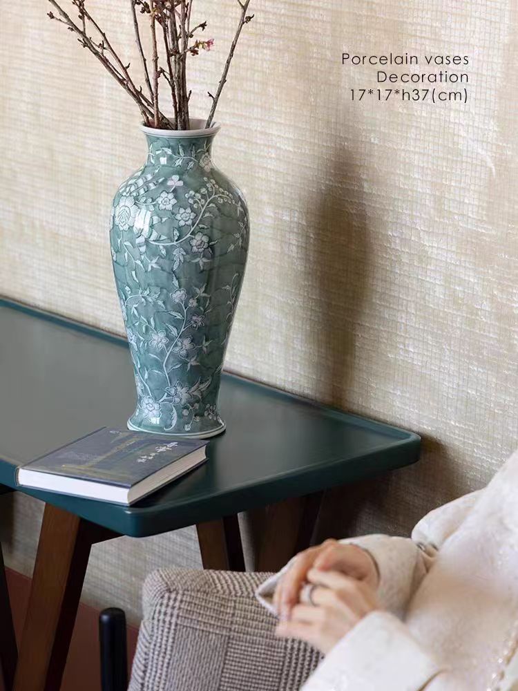 DC230 - Oriental Paris / Sky Green Jade Grisaille Hand-painted "Twin Branches" Color Porcelain Vase Decoration