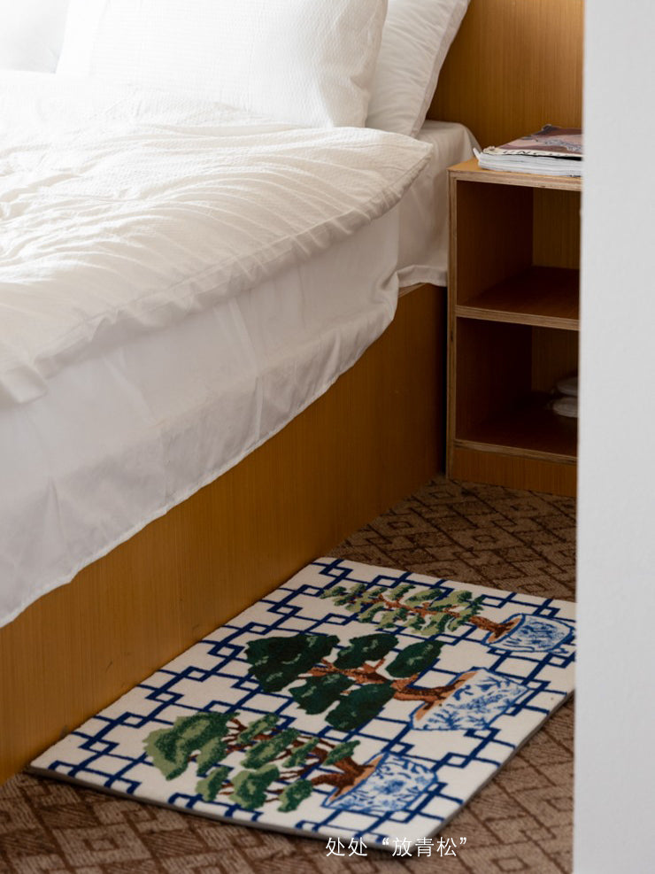 CP122 - Oriental Good Meaning "Release of Pine" Hand-painted Ink Blue Carpet Bedside Entrance Mat
