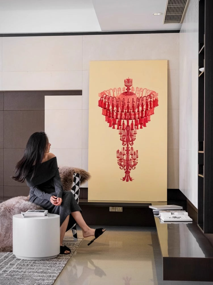 AH139 - Italian Gem Red Hand-Painted "Crystal Chandelier" Artwork