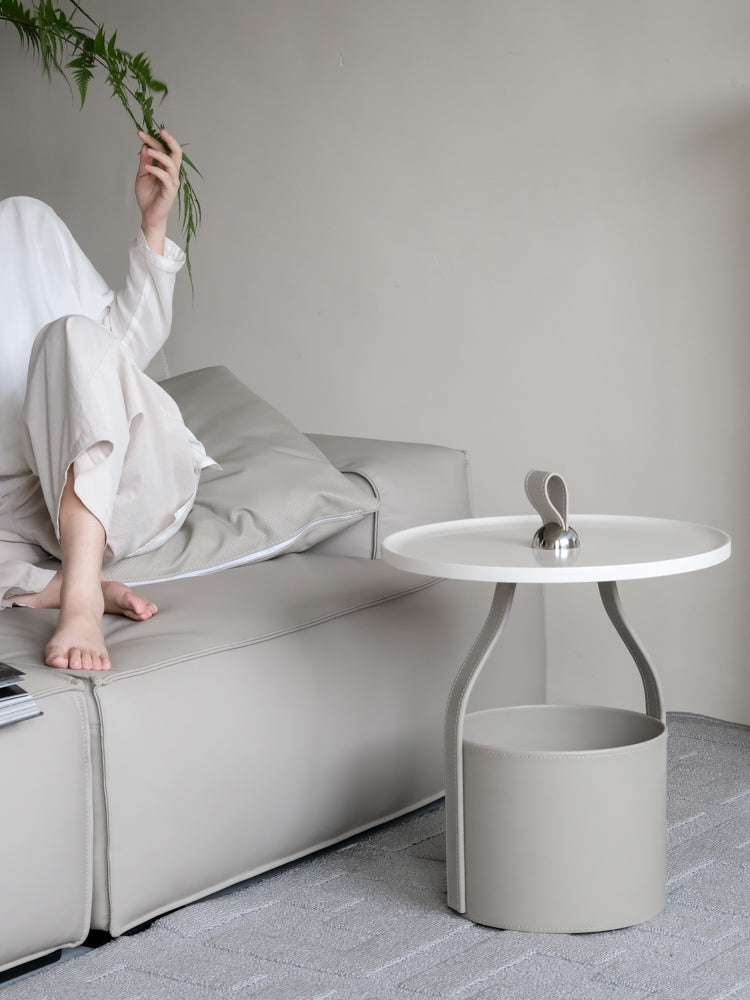 YA020-1 - Limited Edition Glacier Grey! HERM@S Creative Artistic Saddle Leather Sofa Side Table: Luxurious, Portable, Bedside