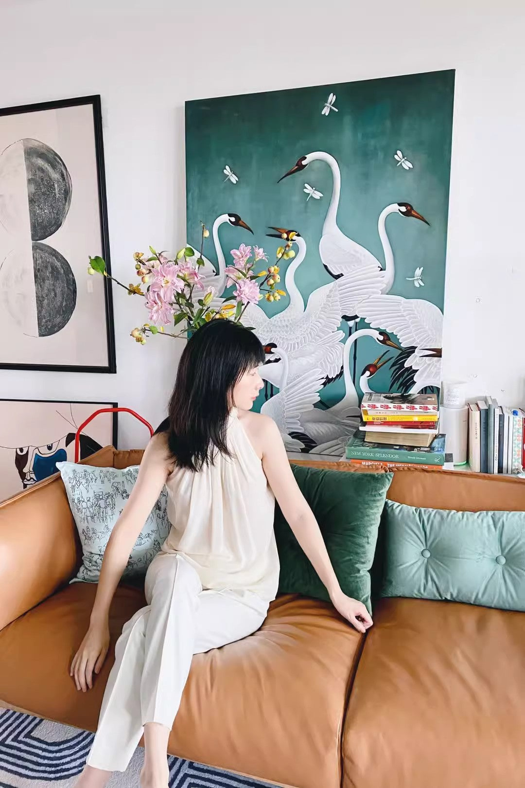 AH054 - Luxury Art Crane Art Hand-Painted Oil Painting Extra-Large Detailed Realistic "Crane Green" Decorative Entryway Art