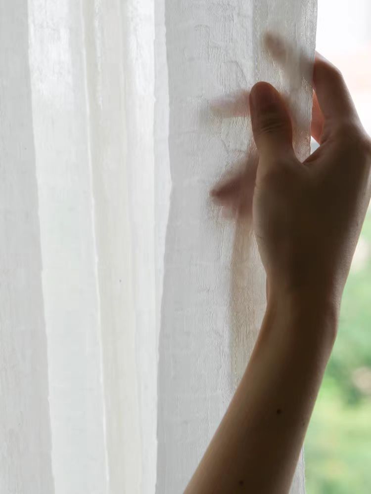 FS011 - Texture Embossed / Mother of Pearl Linen "Wrinkled Gauze" Pearl White Translucent Floor-to-Ceiling Window Curtains Sheer Curtains
