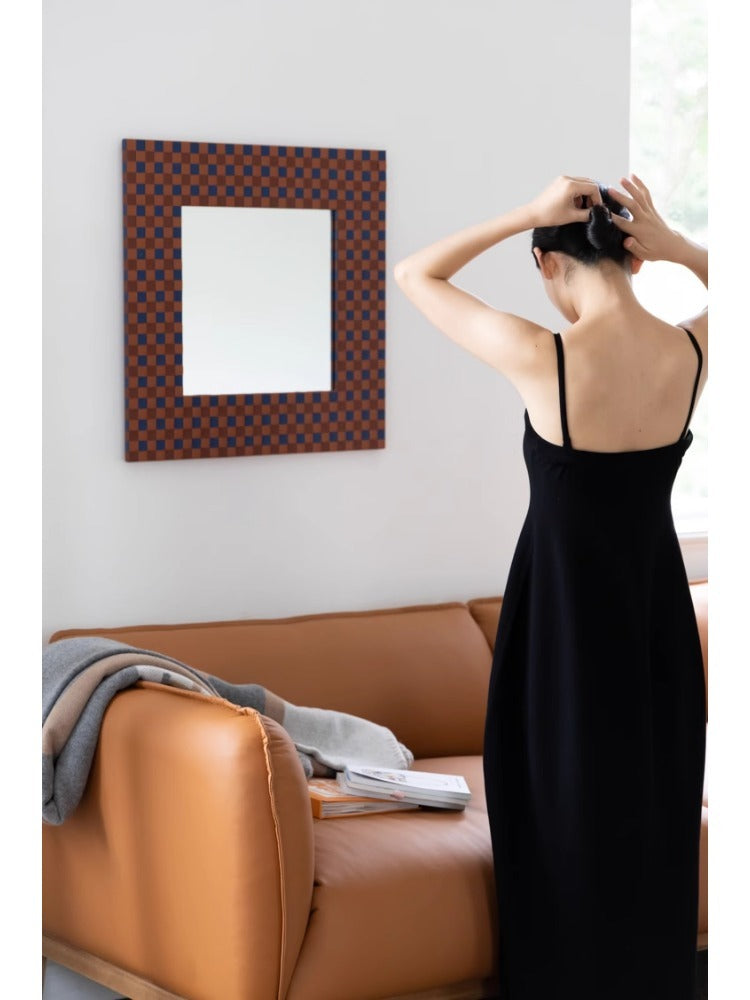 DZ020 - Herm@s Iris Blue Gold Brown BV Weave Checkerboard Half-Length Mirror Dressing Room High-Definition Vanity Mirror