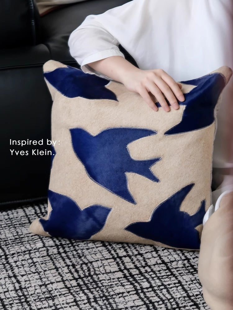 BD067 - Genuine Cowhide from Ruonai! "Klein Blue/Peace Dove" Hand-Sewn Leather Pillow