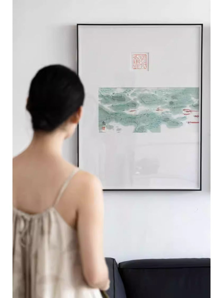 AH191 (Set of three) - Oriental Study Paper Carving! Hand-Painted Water-Soluble Texture "Fish Joy" New Chinese Living Room Decorative Painting
