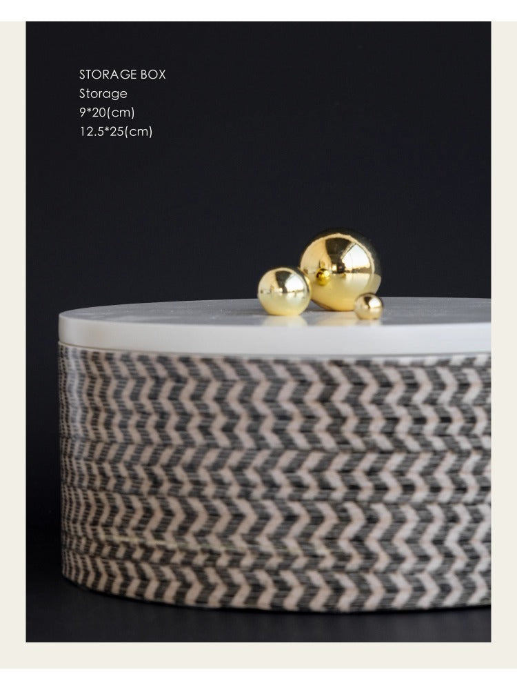 DC076 (Small) - Home Exclusive Loro Piana Chevron Copper Gold Handle Round Storage Box Living Room Sideboard Decoration