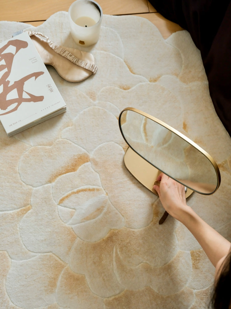 CP073 - V*lentino "Golden White Peony" 3D Hand-carved Bedside Carpet Entrance Mat Mirror Small Carpet