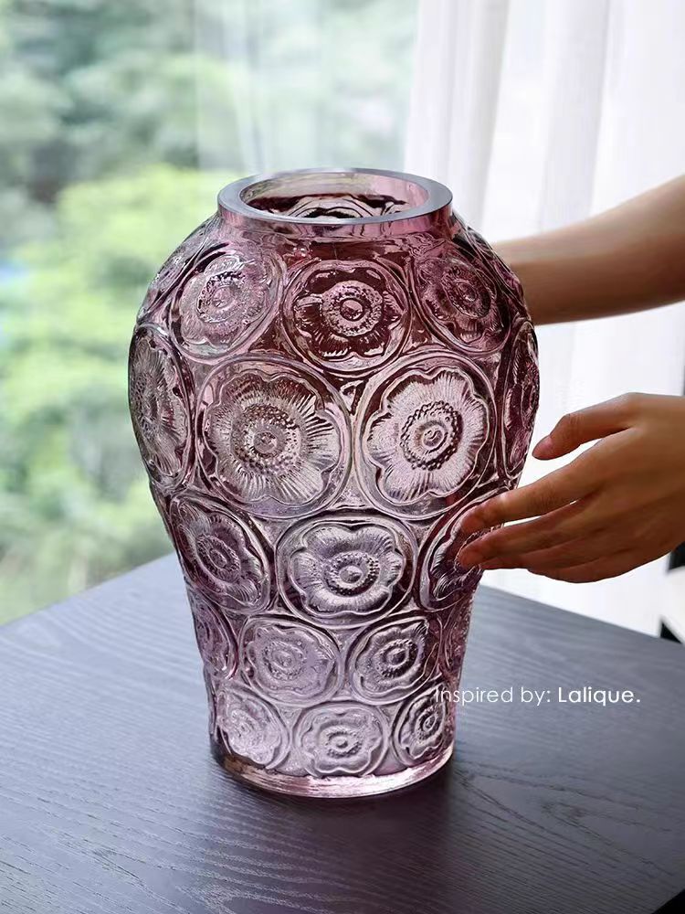 DC149 - Home Decor French Embossed Glass "Collection Silver Lotus" Crimson Purple Crystal-like Vintage Vase Living Room Decoration