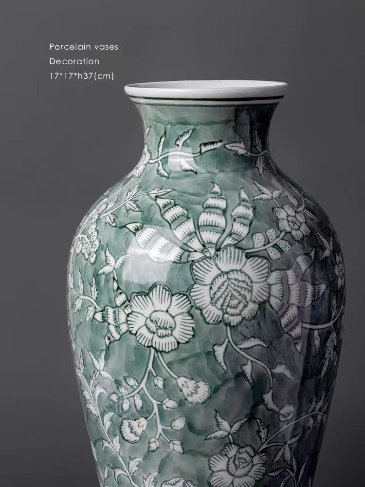 DC230 - Oriental Paris / Sky Green Jade Grisaille Hand-painted "Twin Branches" Color Porcelain Vase Decoration