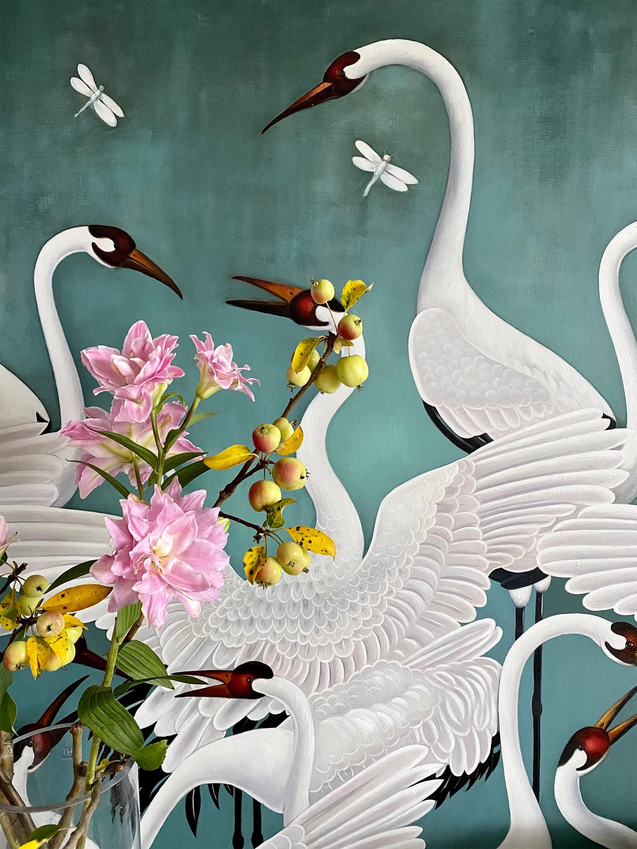 AH054 - Luxury Art Crane Art Hand-Painted Oil Painting Extra-Large Detailed Realistic "Crane Green" Decorative Entryway Art