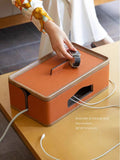 DC275 - Home Decor Hidden Plug Box! HDeco saddle leather solid wood large-capacity wire box desktop storage box