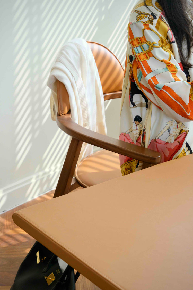 CH037 - H Gold Brown Leather Arc-shaped Desk Chair White Waxwood Armrest Study Room Furniture Set Combination Light Luxury