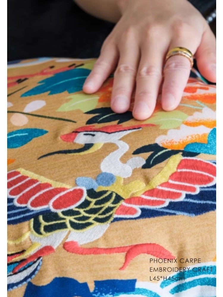 BD057 - Oriental Phoenix Chirping Embroidered Cushion: Vintage Elegance