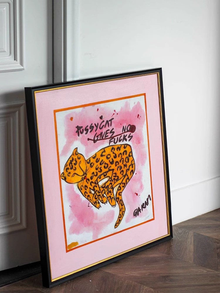 AH067 - Vintage Hand-Painted Oil Pink Leopard "Be Yourself" Wall Art