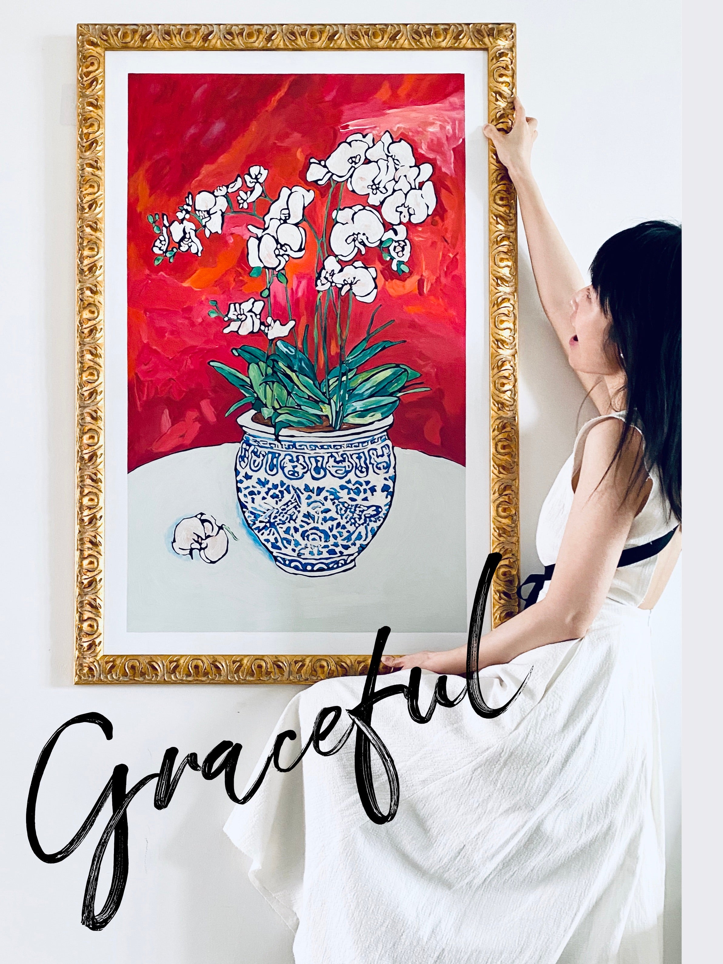 AH032 - 16th Century Vintage Gold Frame! Lara Mendez Style Hand-Painted Oil "Blue and White Porcelain with Orchids" Entryway Art