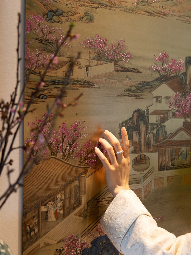 AH225 - Rare Sakura Brass! Brass Carving "Peach Blossom Spring Residence" 3D Landscape Art