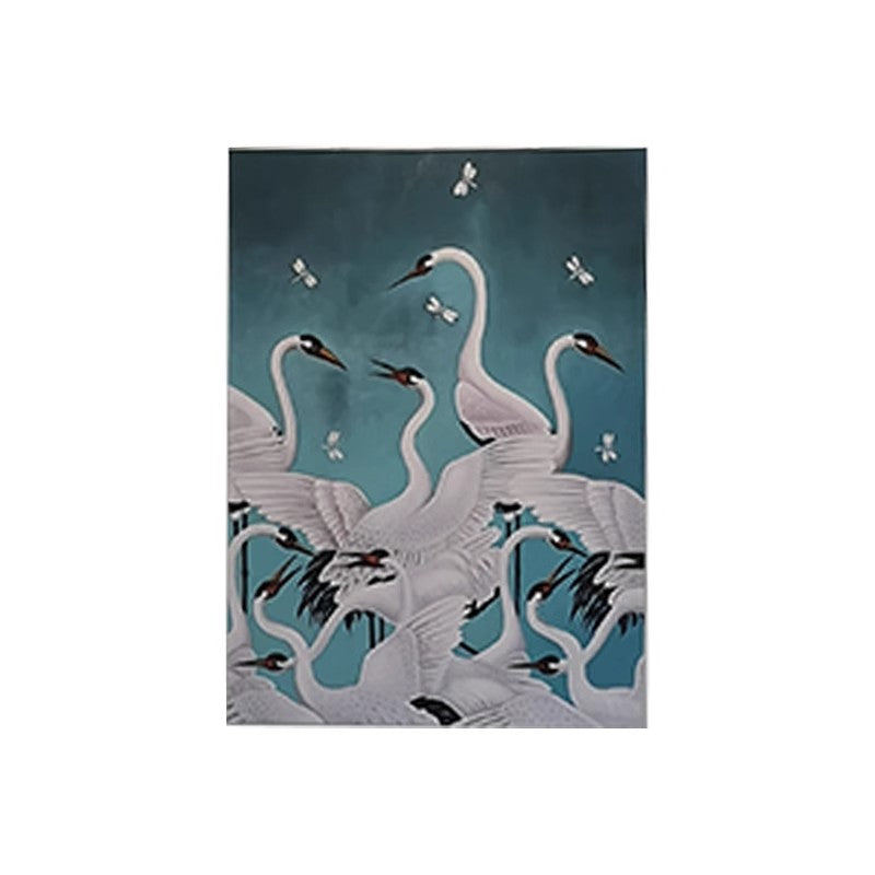AH054 - Luxury Art Crane Art Hand-Painted Oil Painting Extra-Large Detailed Realistic "Crane Green" Decorative Entryway Art