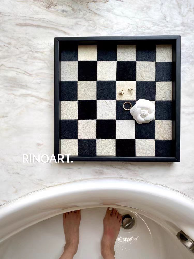 DC058 - Used CH@NE* black and white checkerboard horsehair tray foyer desktop storage jewelry tray