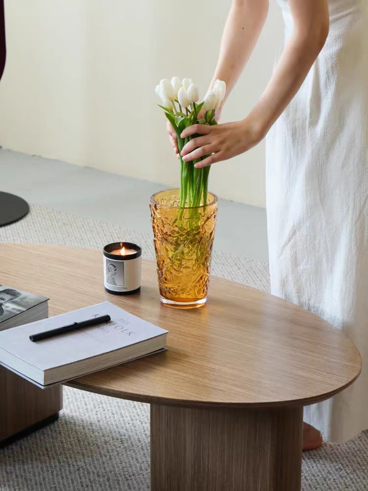 DC150 - Embossed Glass "Grape Flowing Light" L@lique "Fortune Yellow Amber" Crystal-like Vintage Vase