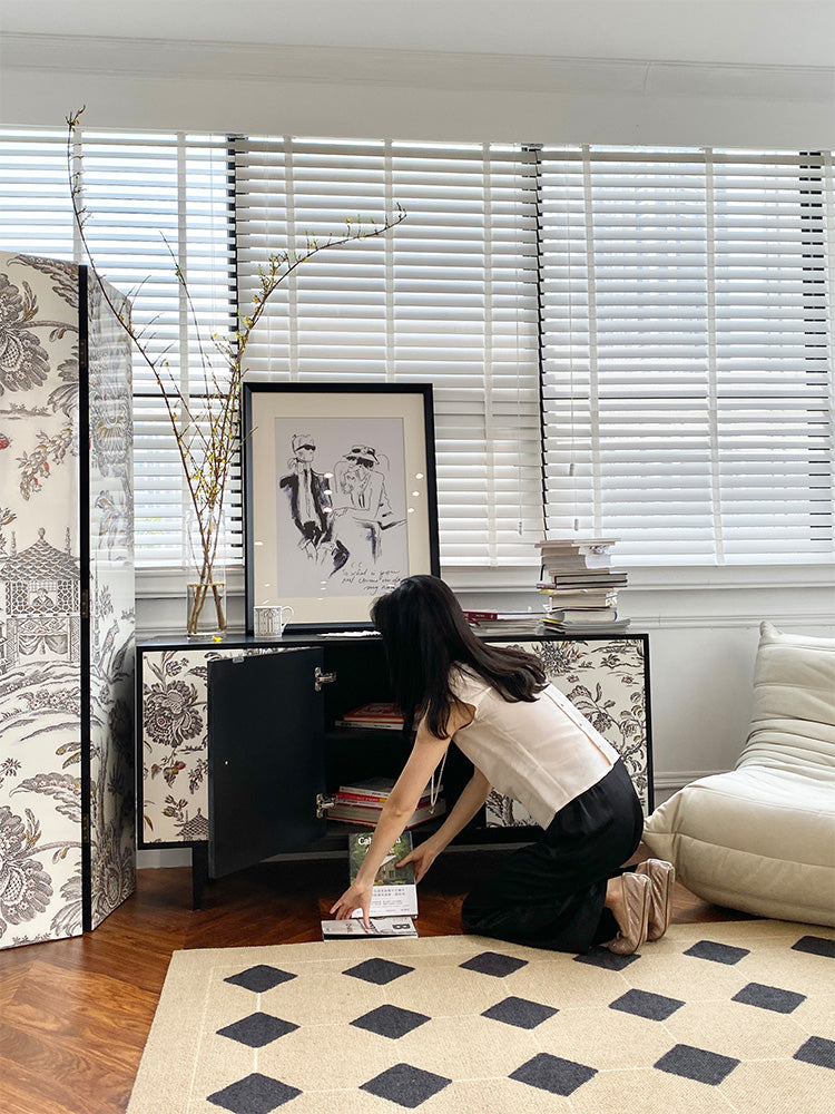 GA008 - Collectible Lacquered Hand-painted COCO Lady Vintage French Side Cabinet "Oriental Dream" Cream Black