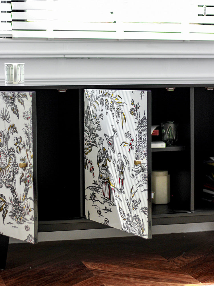GA008 - Collectible Lacquered Hand-painted COCO Lady Vintage French Side Cabinet "Oriental Dream" Cream Black