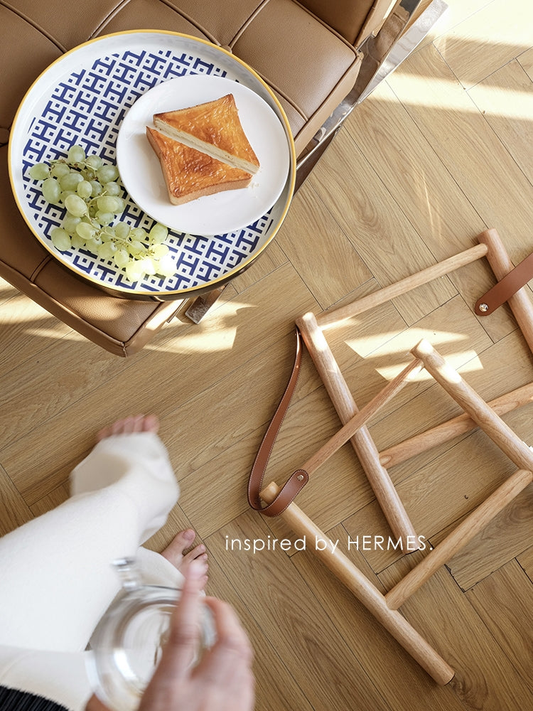 YA027 - HERM@S Vintage "Twin Horses" Porcelain Solid Wood Cowhide Tray Detachable Side Table Coffee Table
