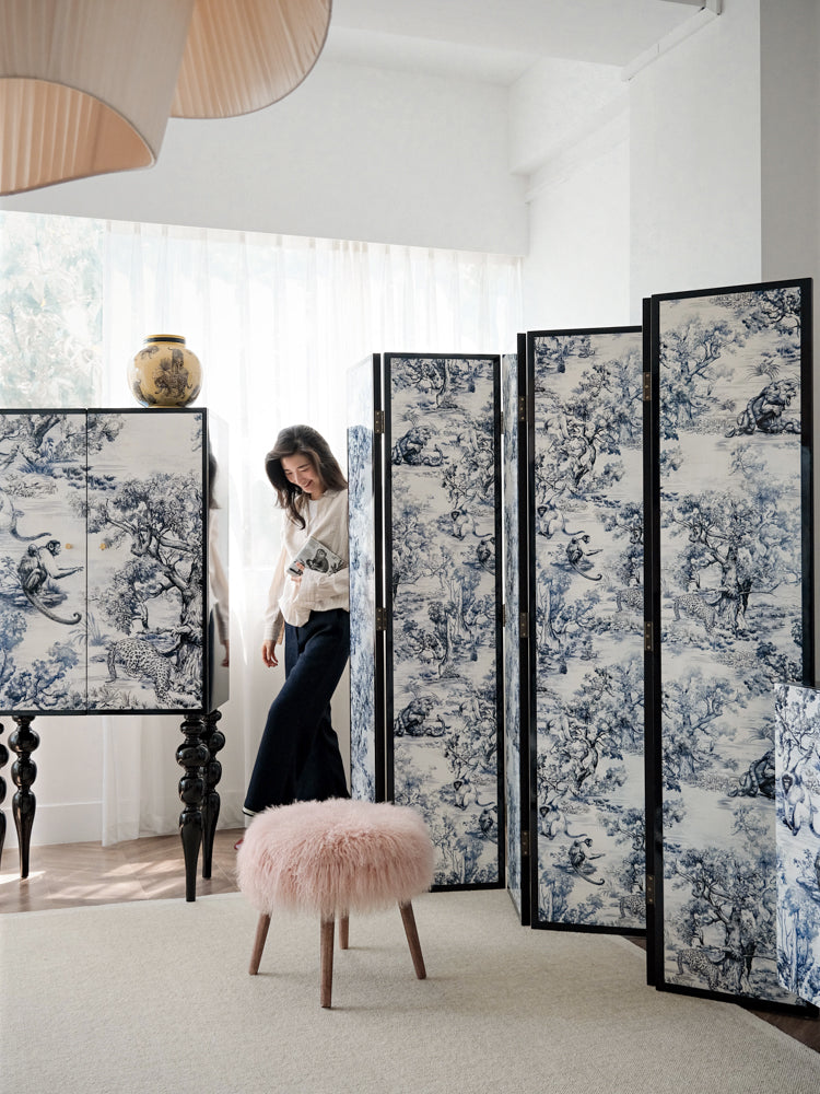 YA015 (4-Folder) - Di@r Maison Series Jungle Art Lacquered Wood French Screen Ink Blue and White New Chinese