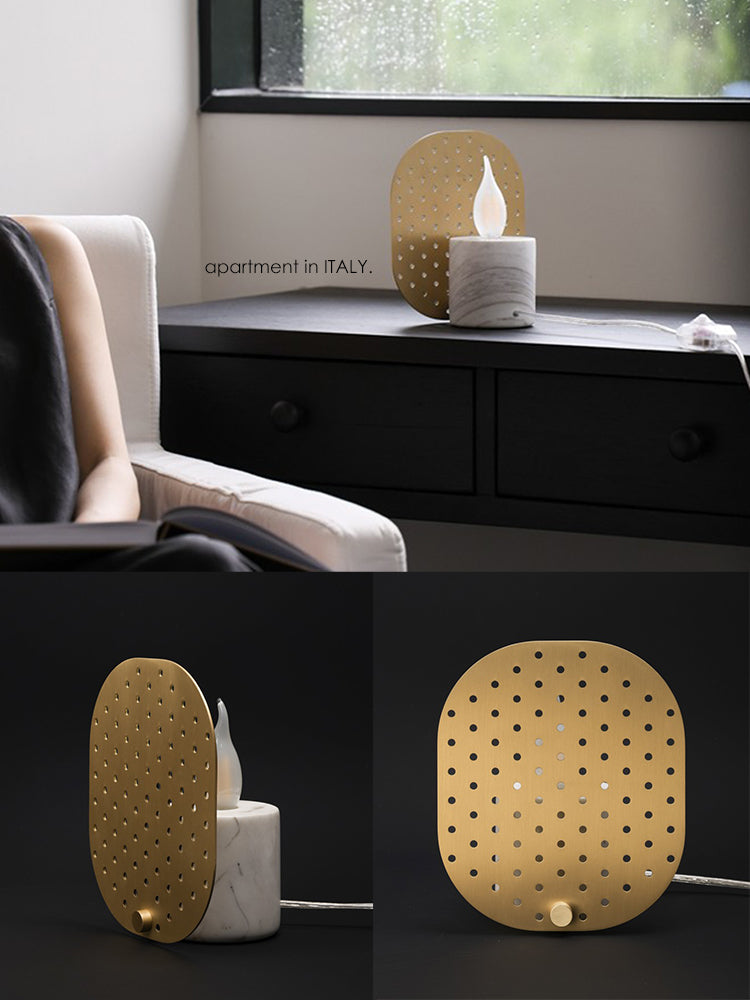 LA038 - Furniture Italian Natural Marble + Brass Hollow Screen Table Lamp Imitation Candlelight Night Light Ambience Lamp