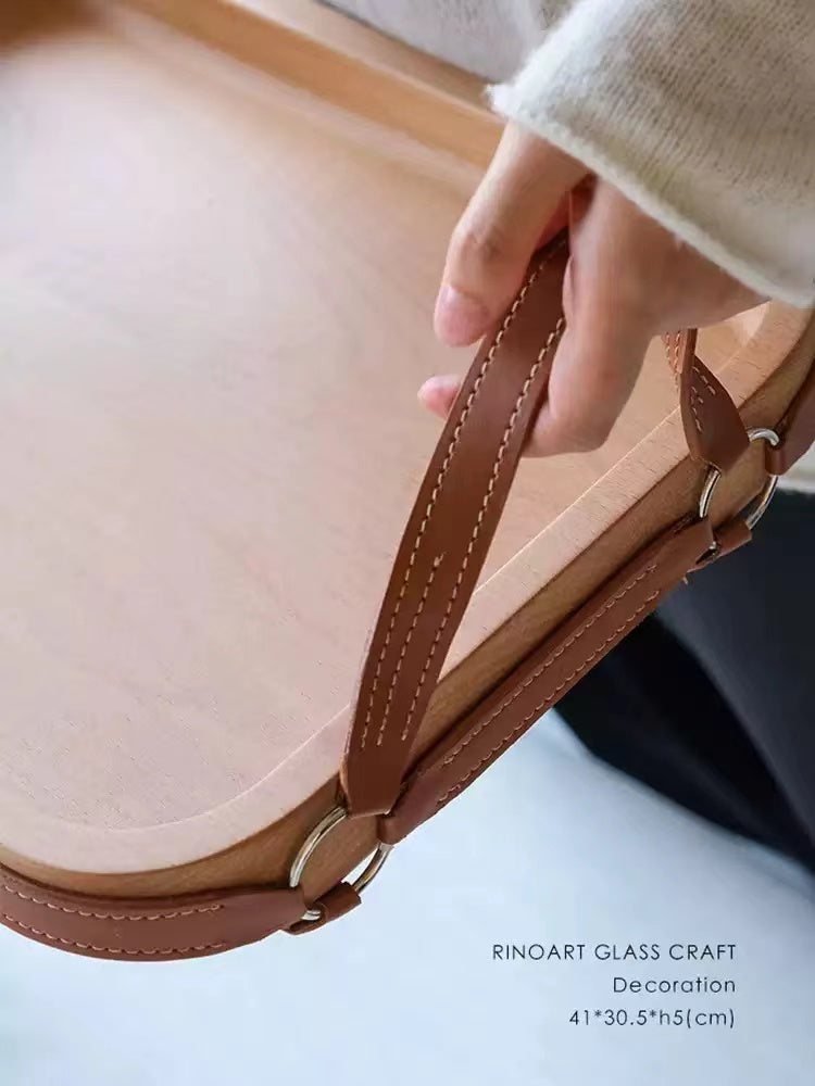 DC188 - Solid wood! HDeco series North American maple handmade "detachable" leather handle table multi-purpose tray