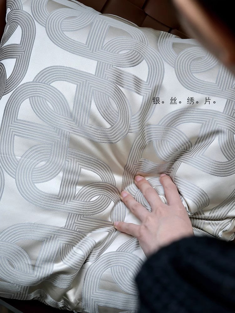 BD077 - Herm@s Embroidered "Pig Nose Lock" Pillow: Gold and Silver Threads, Champagne Cream