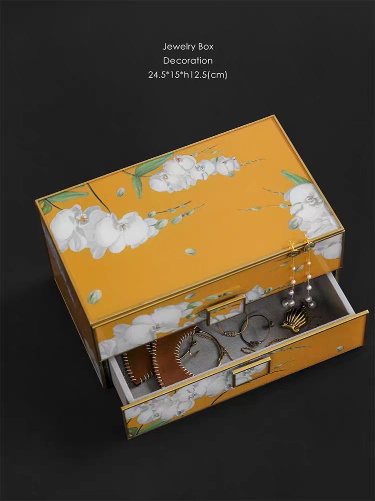 DC041 - Home "Royal Orchid" Hand-painted Glass-like Jewelry Box, Vintage Double-layer Antique Storage