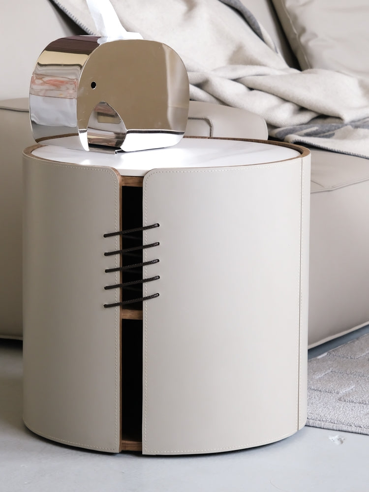YA024 - H Glacier Grey Italian Saddle Leather Marble Coffee Table Bedside Cabinet: Modern, Simple, Luxurious