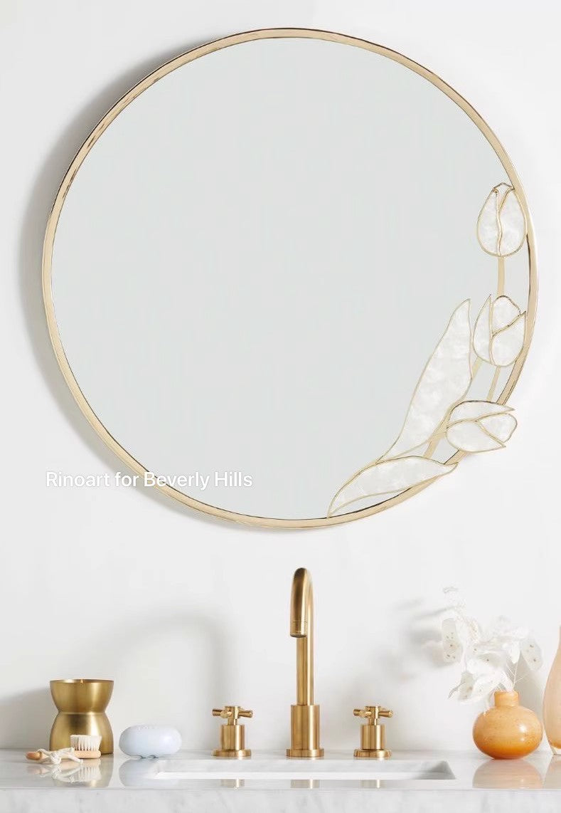 DZ010 - Precious Mother-of-Pearl Beverly Custom Pearl Luster Magnolia French Circular Mirror Wall Half-Length Mirror Vanity Mirror