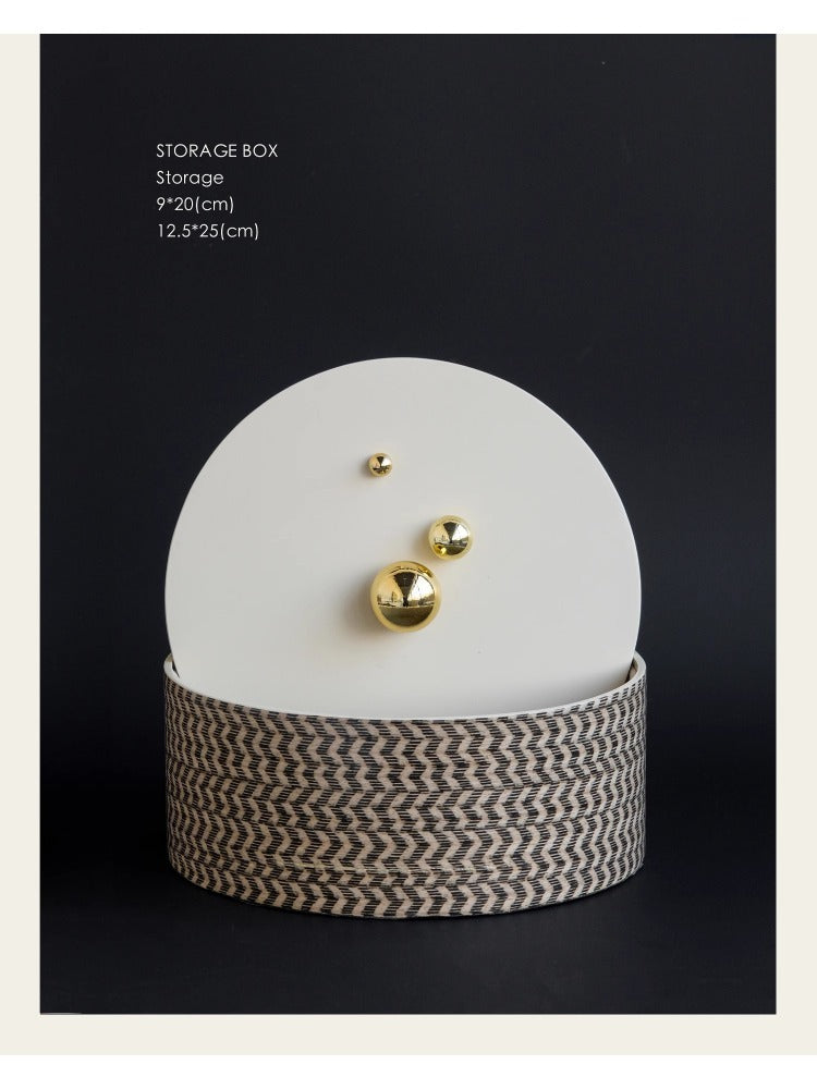 DC076 (Small) - Home Exclusive Loro Piana Chevron Copper Gold Handle Round Storage Box Living Room Sideboard Decoration
