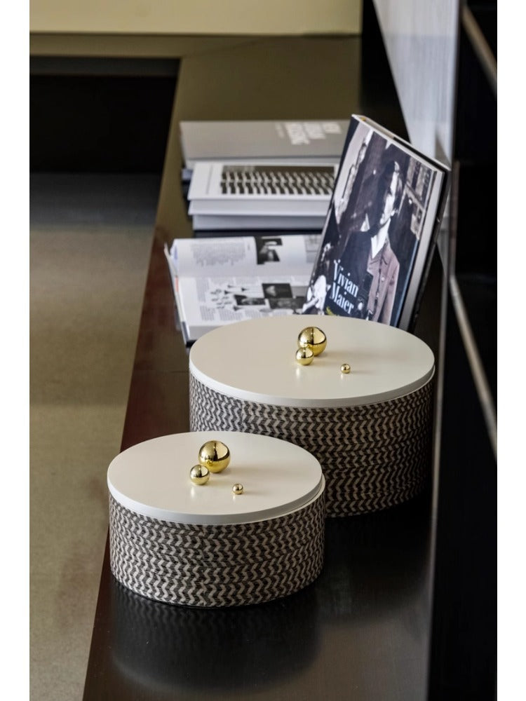 DC076 (Small) - Home Exclusive Loro Piana Chevron Copper Gold Handle Round Storage Box Living Room Sideboard Decoration
