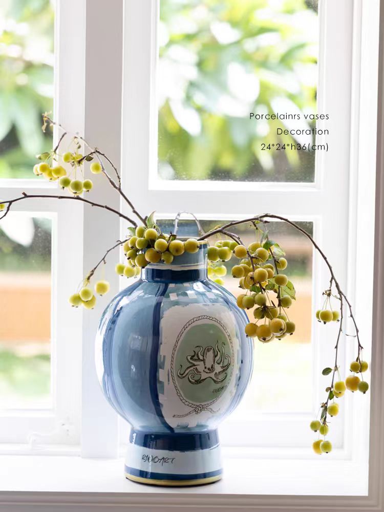 DC131 - Home Decor ITALY. Antique Blue and White Porcelain "Smooth Sailing" Hand-painted Underglaze Color Porcelain Vase with Good Implications