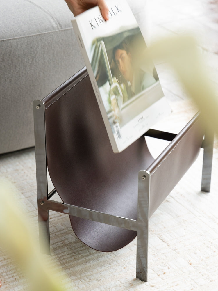 DC274 - Danish Vintage Ebony Leather Bedside Shelf Book Storage Side Table Stainless Steel Corner Table