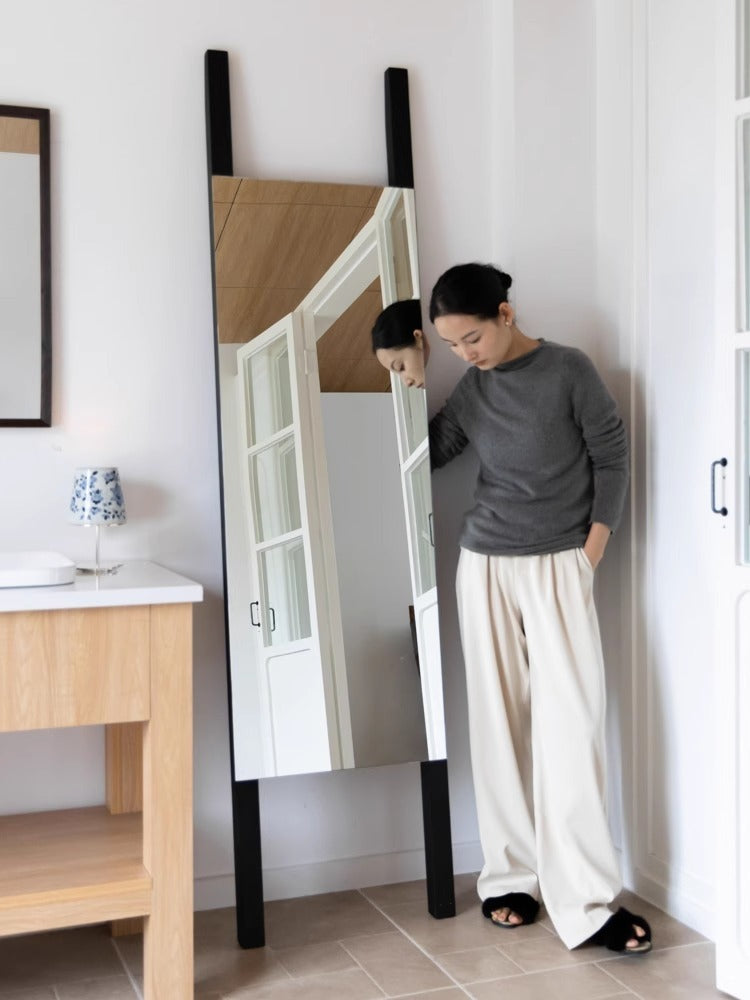 DZ014 - Swedish Floor Standing Mirror Antique White Wax Wood Dressing Mirror Entrance Mirror Large Area Floor Try-On Mirror