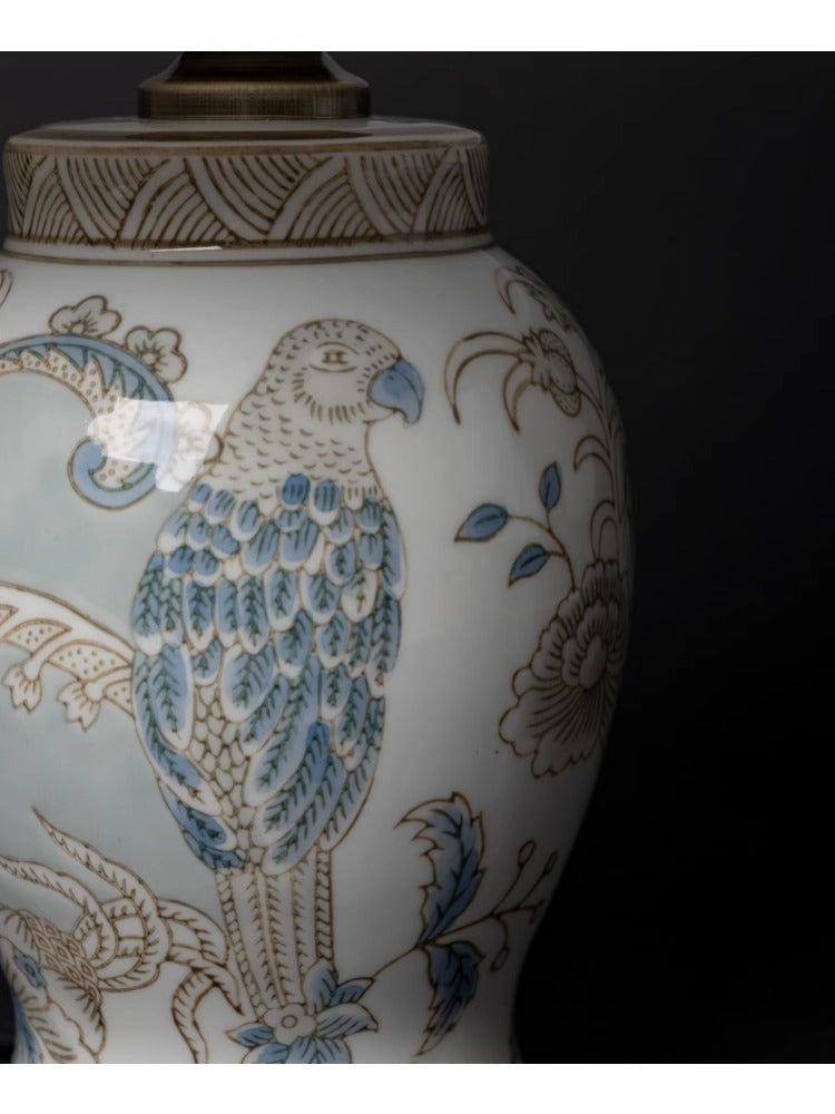 LA048 - Study Series Oriental Paris Hand-painted Ceramic Parrot Blue Study Bedroom Table Lamp Bedside Lamp