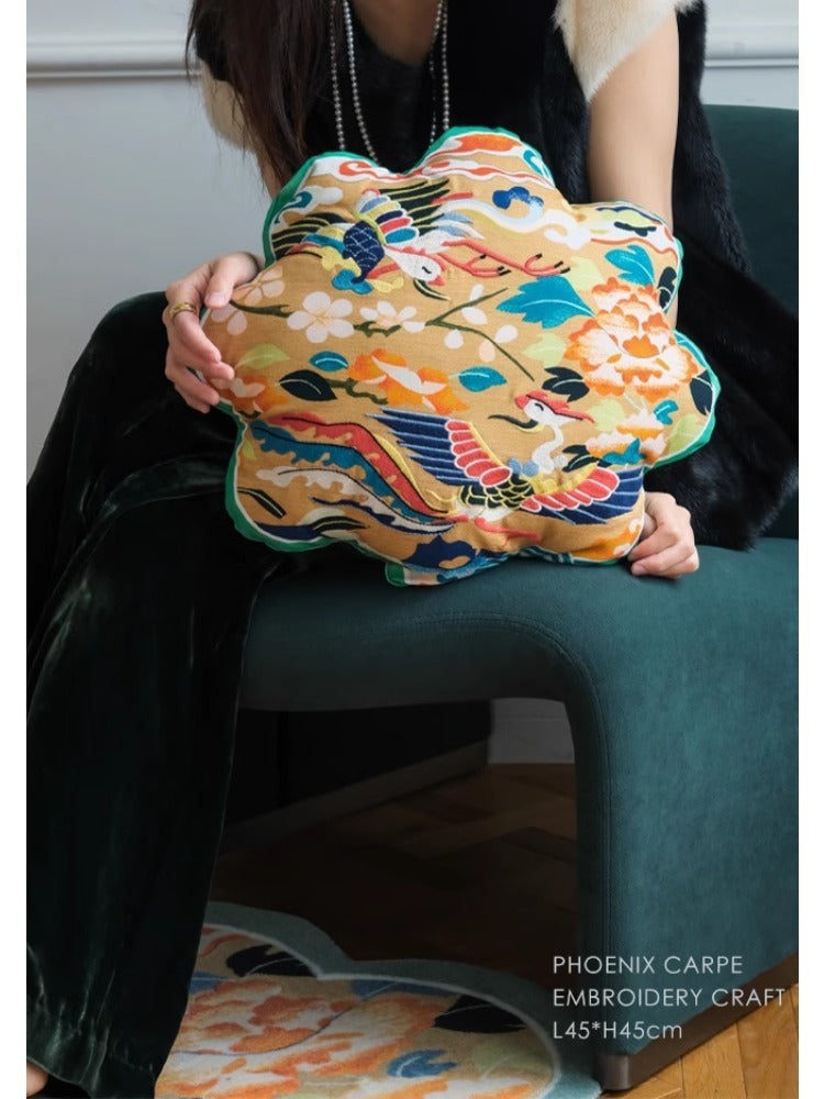 BD057 - Oriental Phoenix Chirping Embroidered Cushion: Vintage Elegance