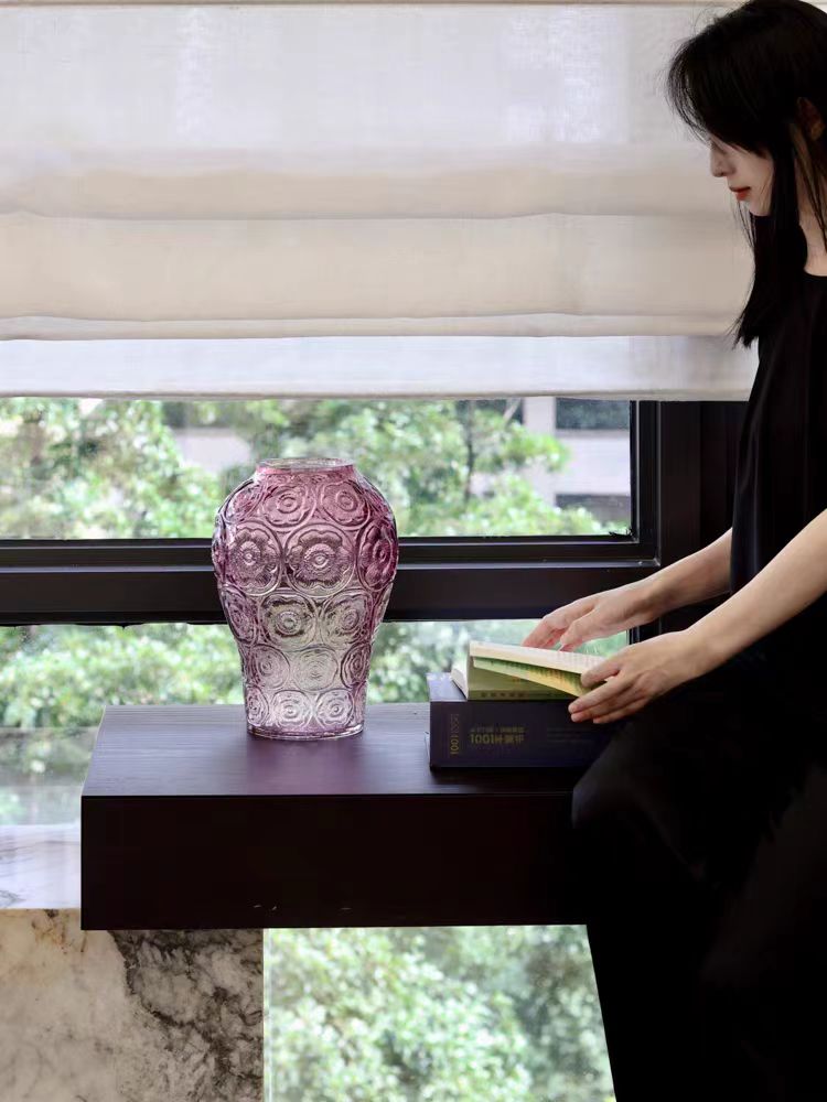 DC149 - Home Decor French Embossed Glass "Collection Silver Lotus" Crimson Purple Crystal-like Vintage Vase Living Room Decoration