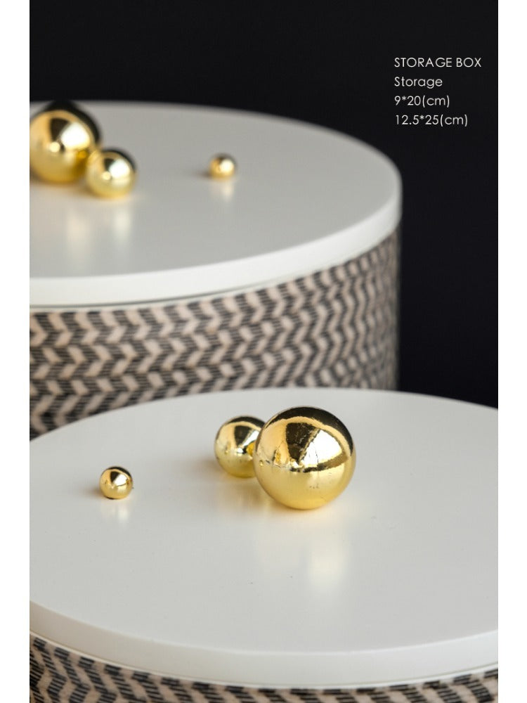 DC076 (Small) - Home Exclusive Loro Piana Chevron Copper Gold Handle Round Storage Box Living Room Sideboard Decoration