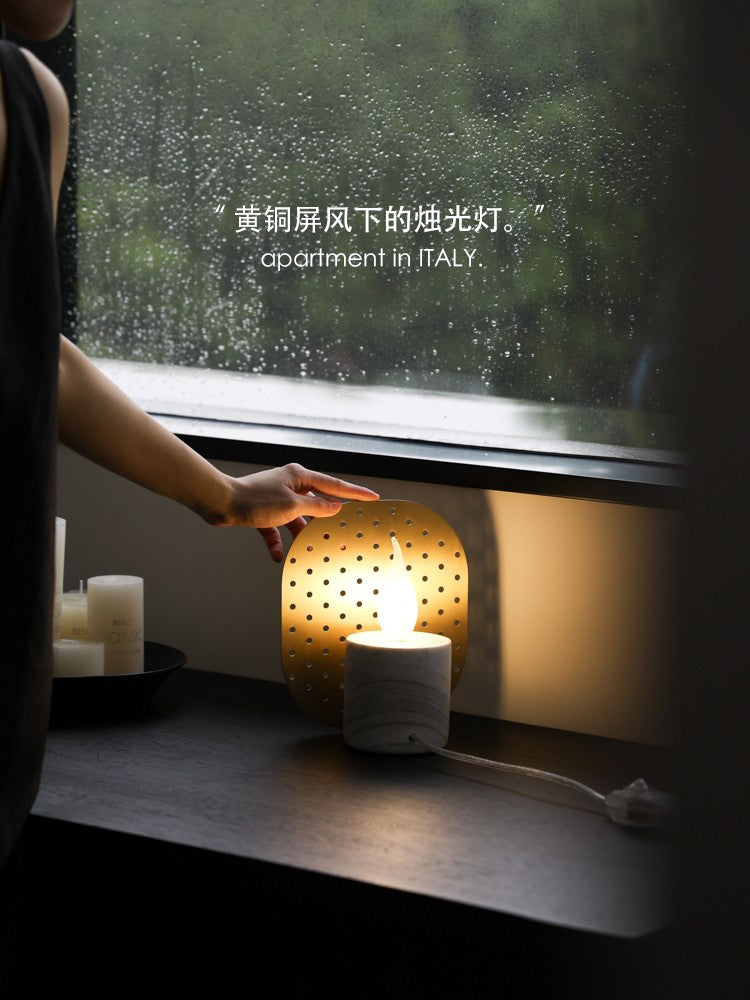 LA038 - Furniture Italian Natural Marble + Brass Hollow Screen Table Lamp Imitation Candlelight Night Light Ambience Lamp