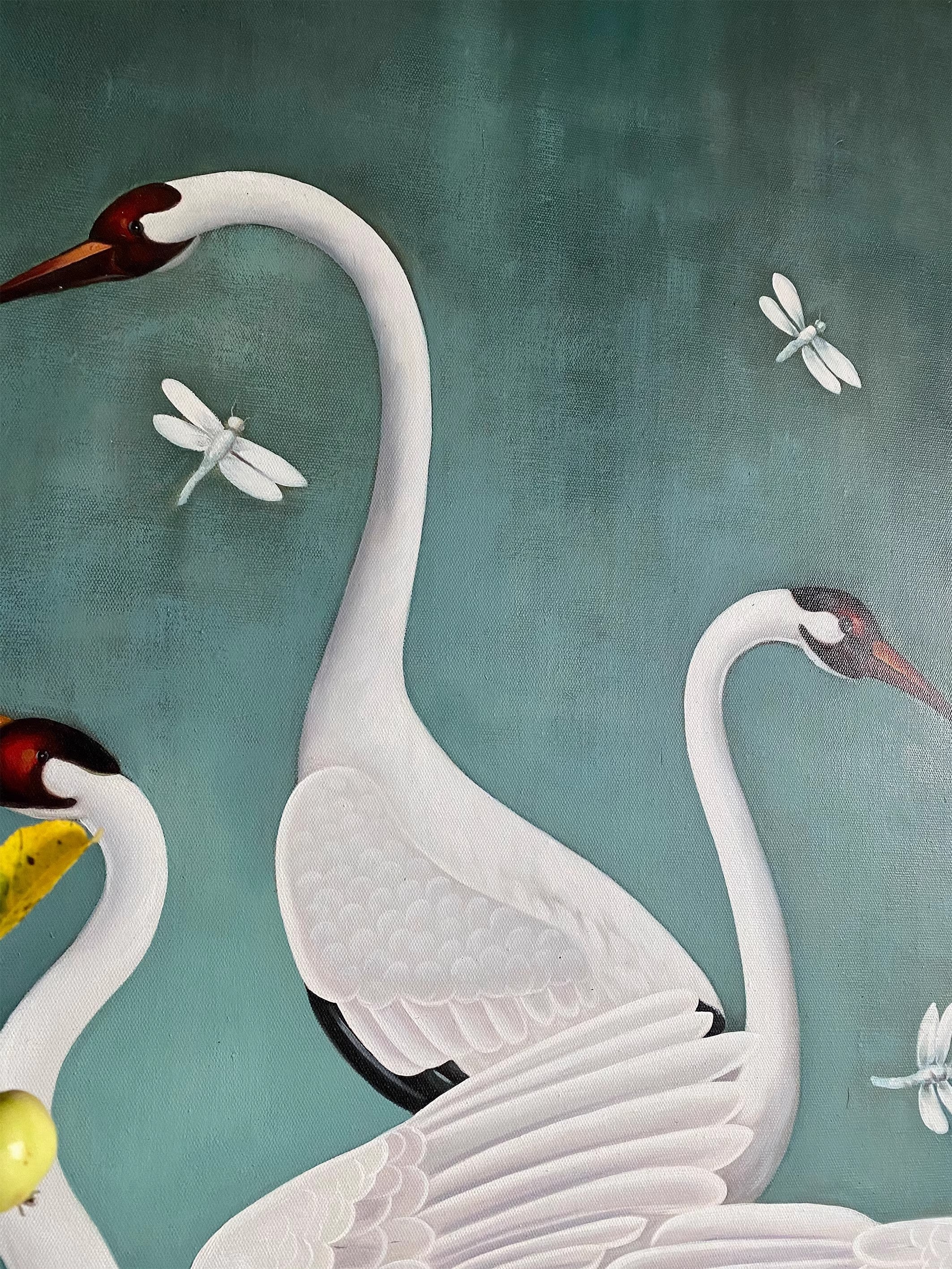 AH054 - Luxury Art Crane Art Hand-Painted Oil Painting Extra-Large Detailed Realistic "Crane Green" Decorative Entryway Art